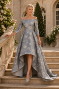 Floral Jacquard High-Low Formal Gown with 3/4 Sleeves
