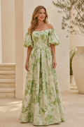 Off-Shoulder Puff Sleeve Floral Jacquard A-Line Gown