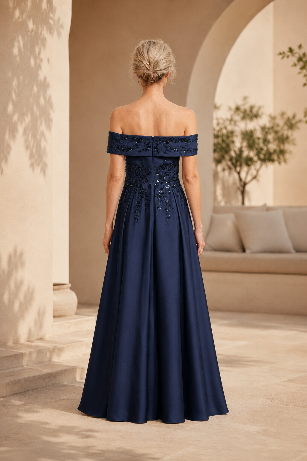 Off-the-Shoulder Sequin Applique A-Line Evening Gown