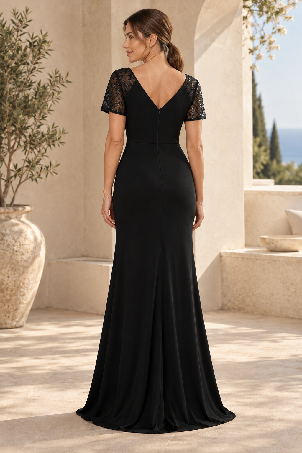 Ruched V-Neck Gown with Sequin Sleeves & Slit