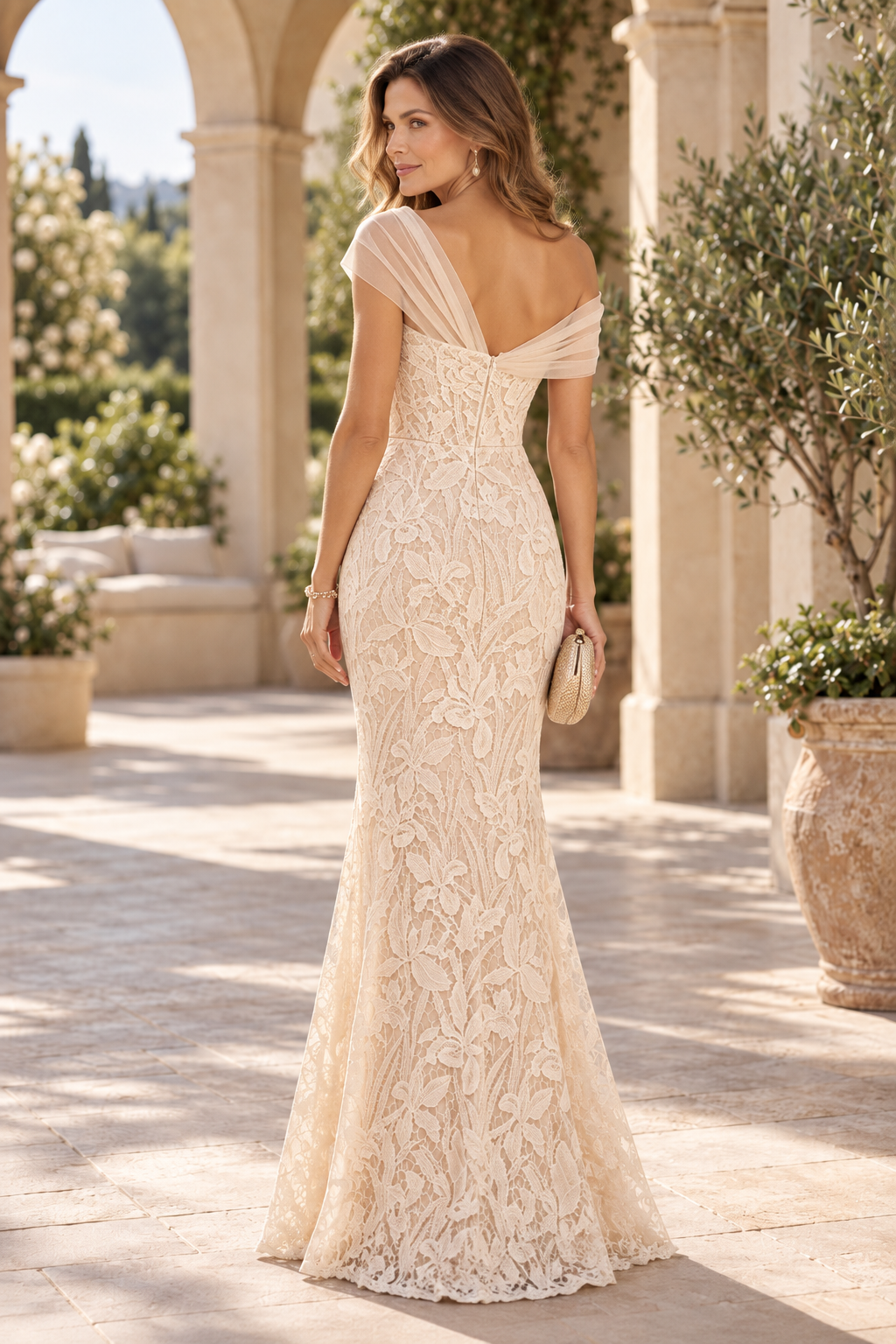 Floral Lace Asymmetrical Draped Mermaid Gown