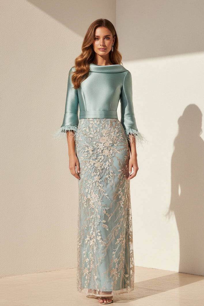 Feather Cuff Mikado & Lace Applique Gown