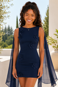 Mini Bodycon Dress with 3D Flowers and Chiffon Cape