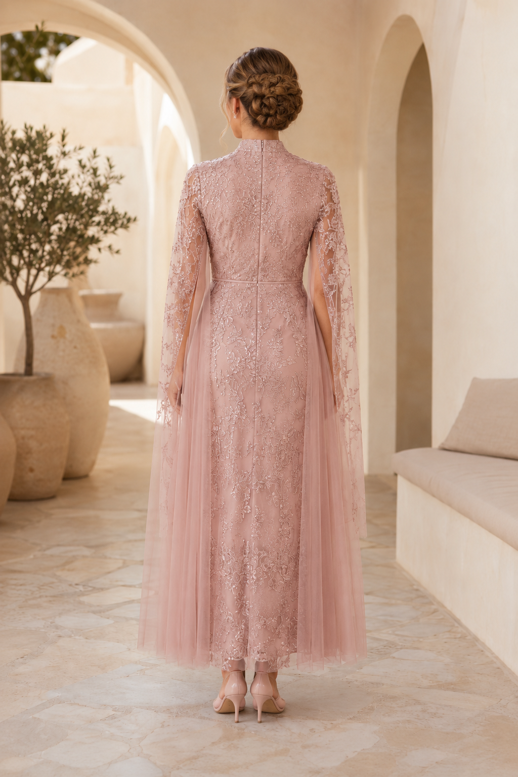 High-Neck Lace Column Evening Dress with Cape