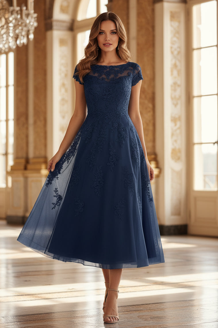 Illusion Neckline Lace A-Line Tea-Length Dress