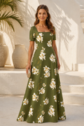 Floral Print Square Neck A-Line Maxi Dress