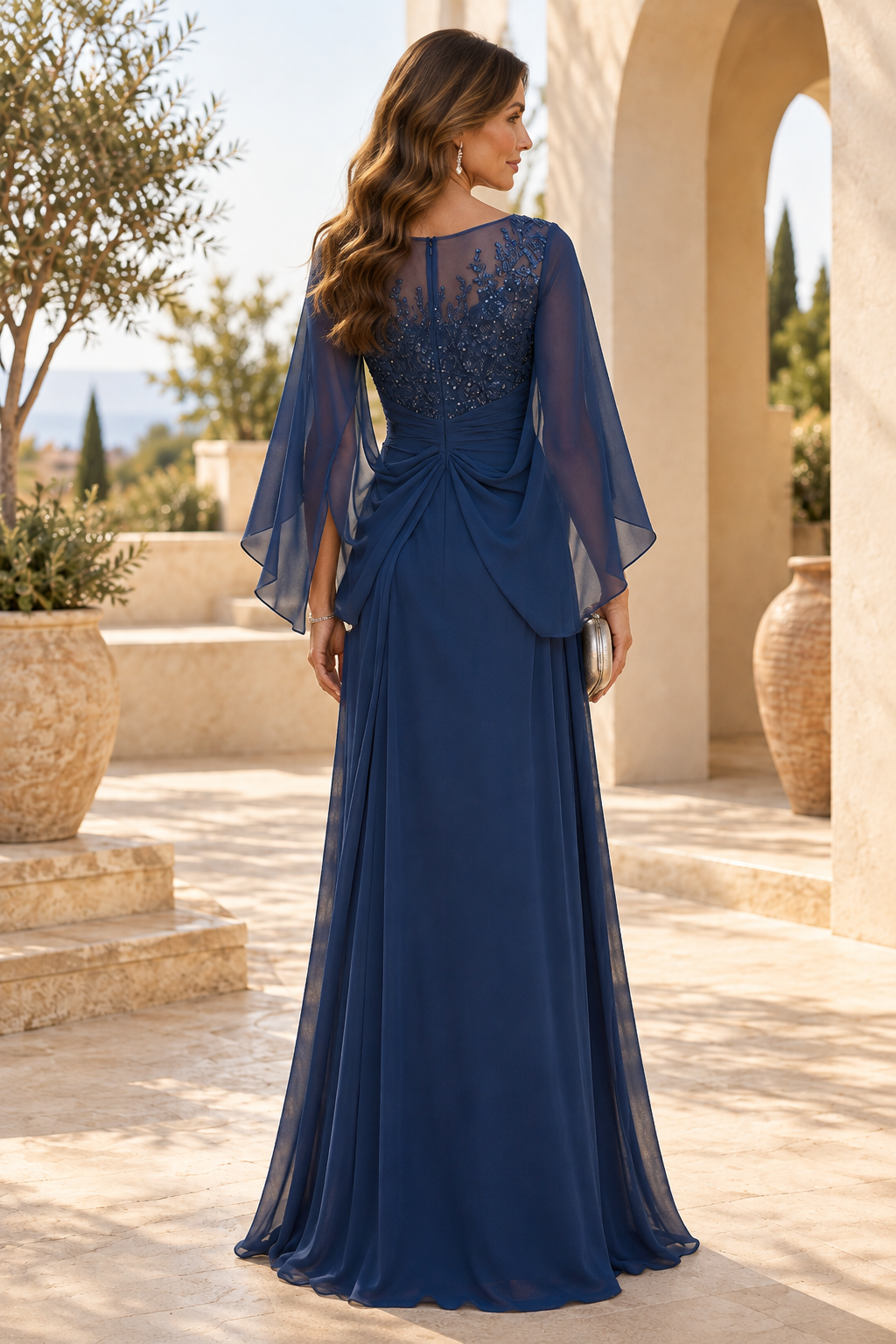 Chiffon A-Line Gown with Cape Sleeves & Beads