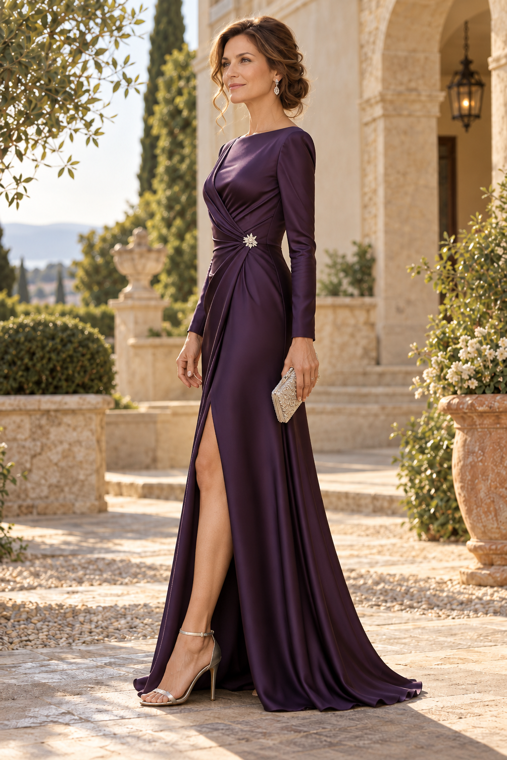 Long Sleeve Pleated Gown with Front Slit
