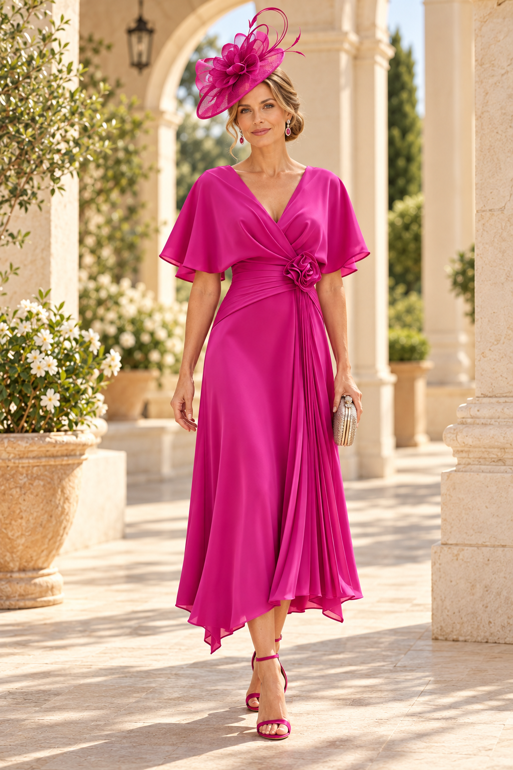 Flutter Sleeve Midi Dress with Floral Waist Detail