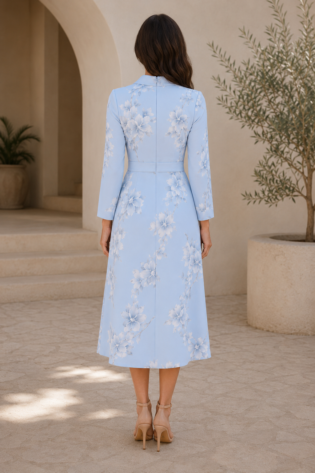 Elegant Floral Print Midi Dress with Long Sleeves
