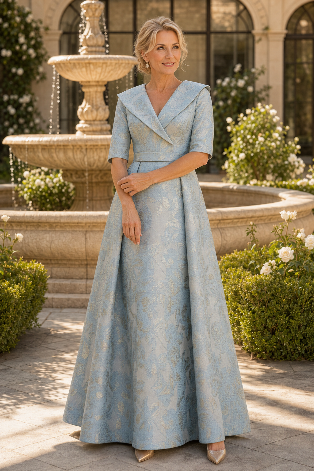 Collared Brocade A-Line Gown with Elbow Sleeves