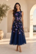 Floral Embroidered Tulle Tea-Length A-Line Dress