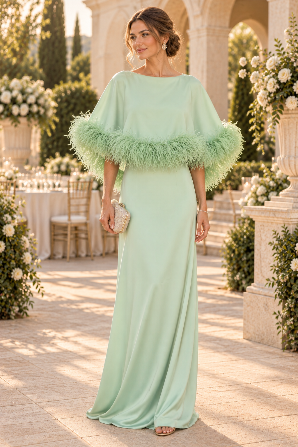 Feather-Trim Capelet Evening Gown