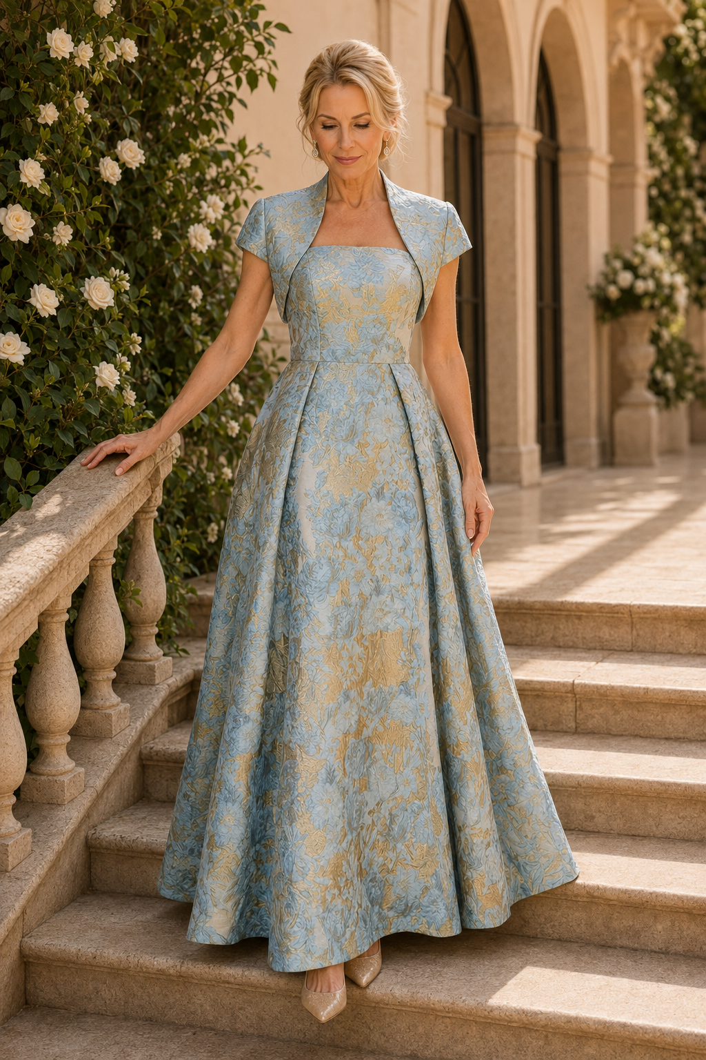 Brocade A-Line Formal Gown with Cropped Bolero