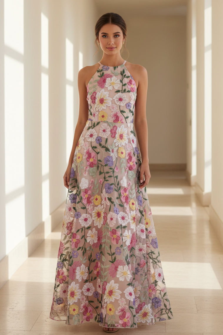 Embroidered Floral Halter Neck A-Line Maxi Dress