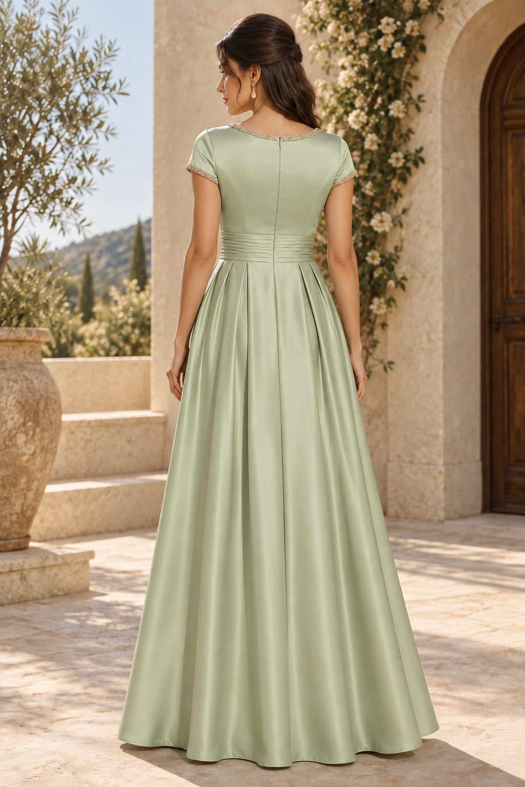 Beaded Bateau Neck A-Line Satin Formal Gown