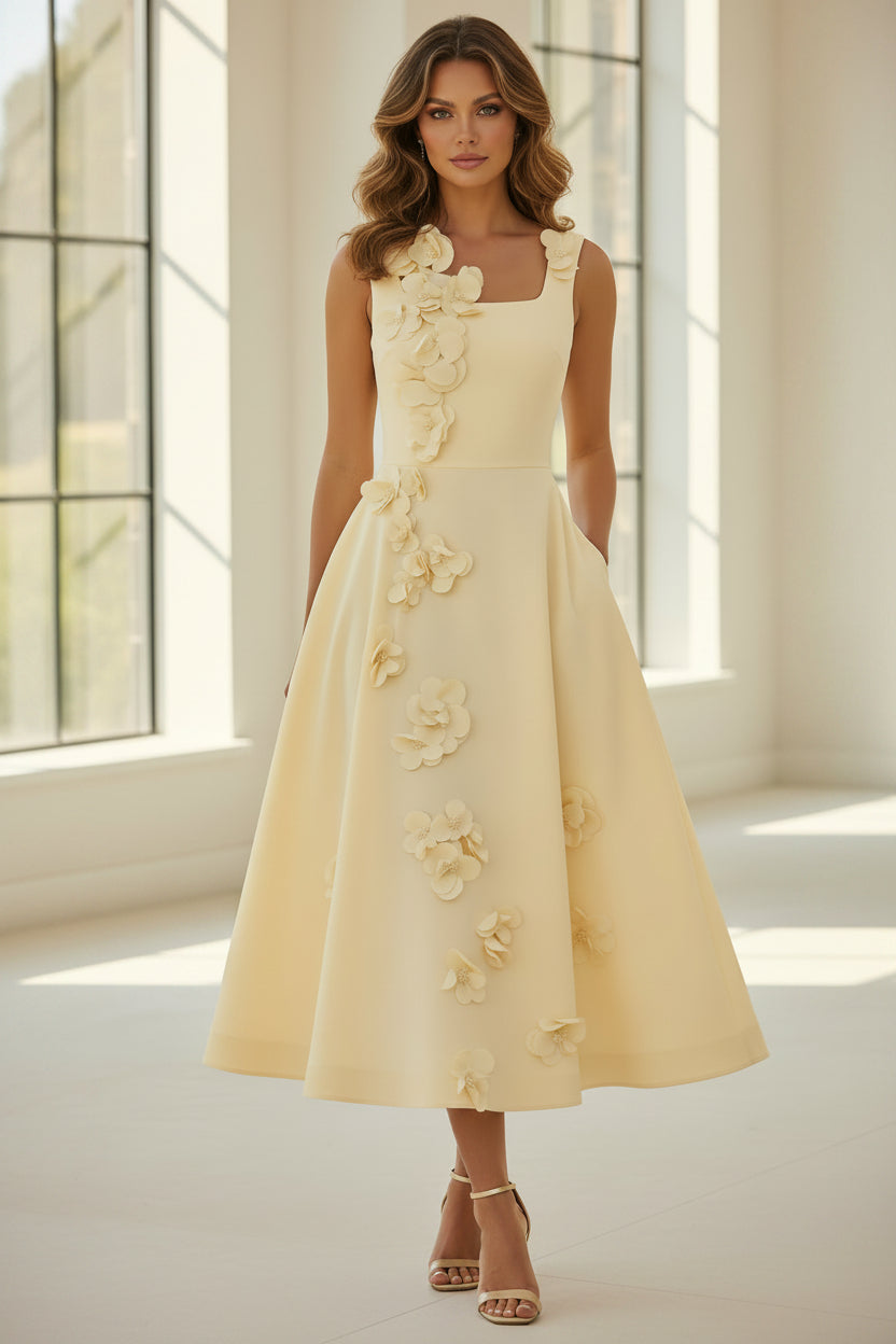 Floral Appliqué Square Neck Midi Dress