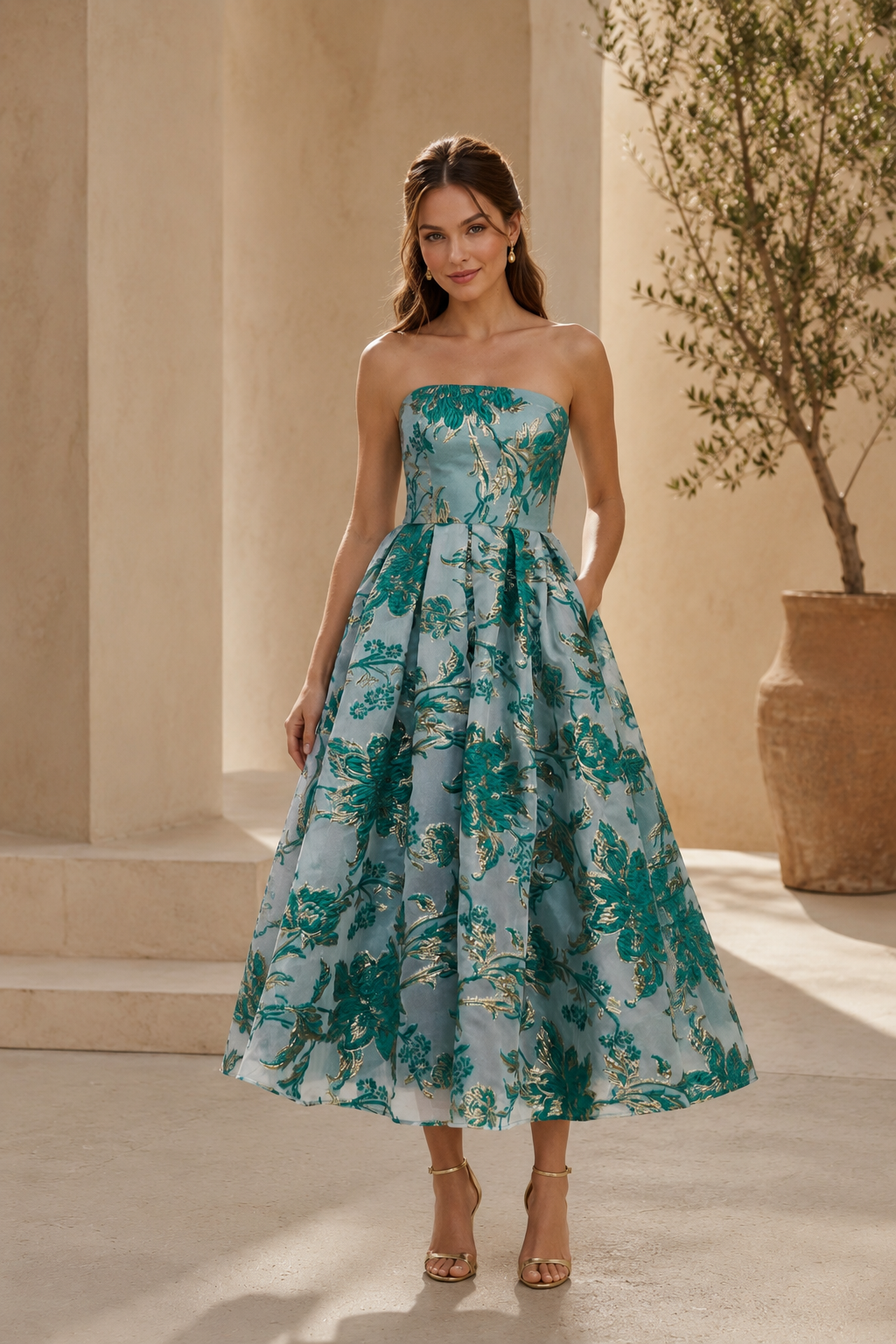 Strapless Floral Jacquard Tea-Length A-Line Dress
