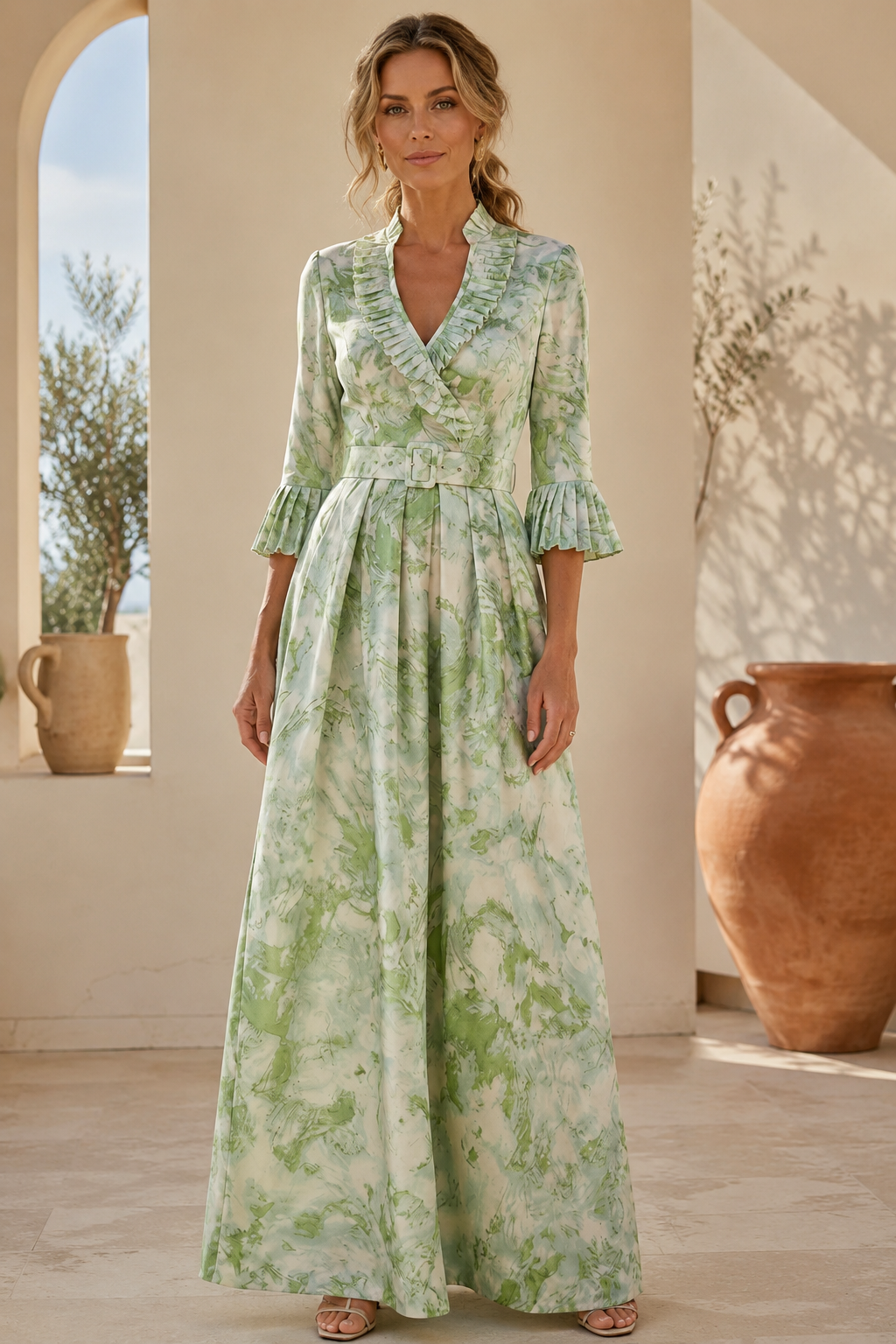 Pleated Ruffle V-Neck Maxi Dress with Belt