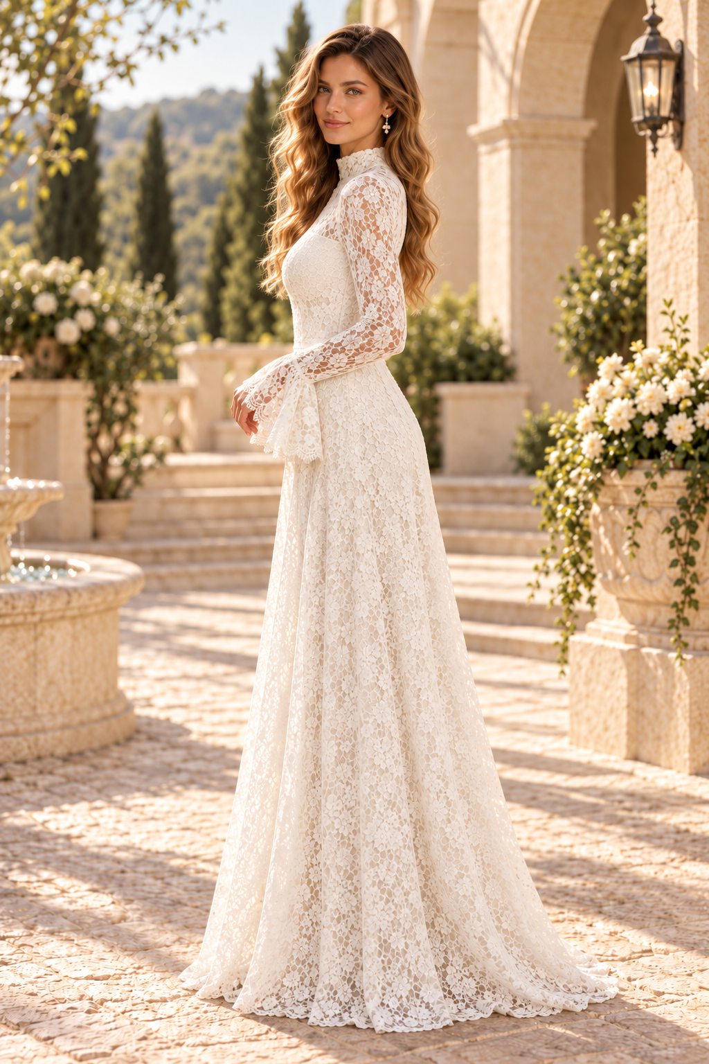 High Neck Lace A-Line Gown with Bell Sleeves