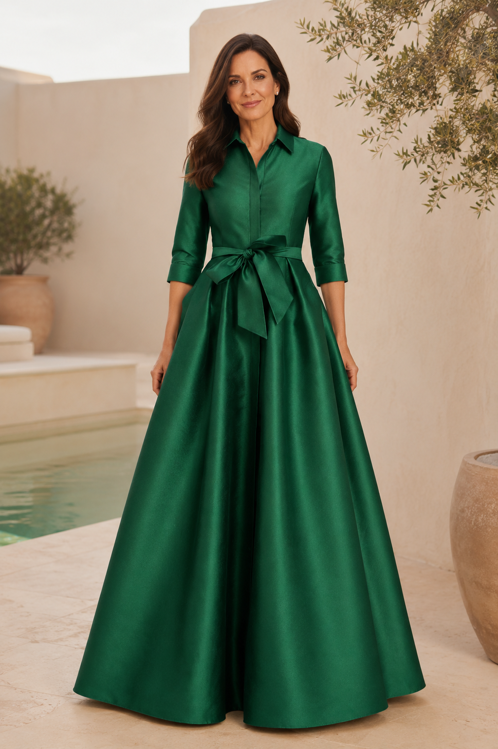 Emerald Satin Shirt Dress Gown with Tie Waist