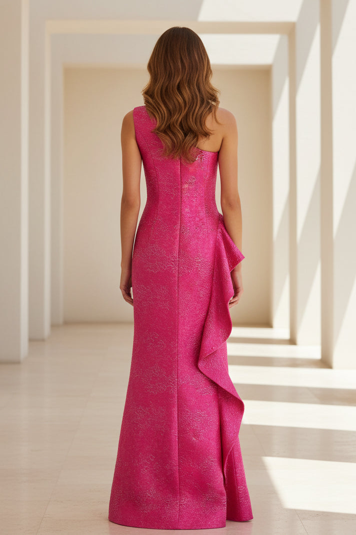 One-Shoulder Metallic Jacquard Ruffled Evening Gown