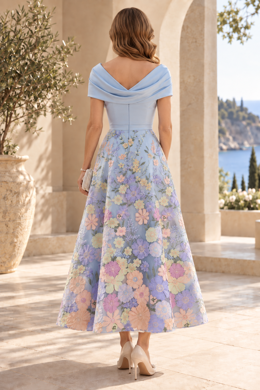 Floral Embroidered Off-the-Shoulder Midi Dress