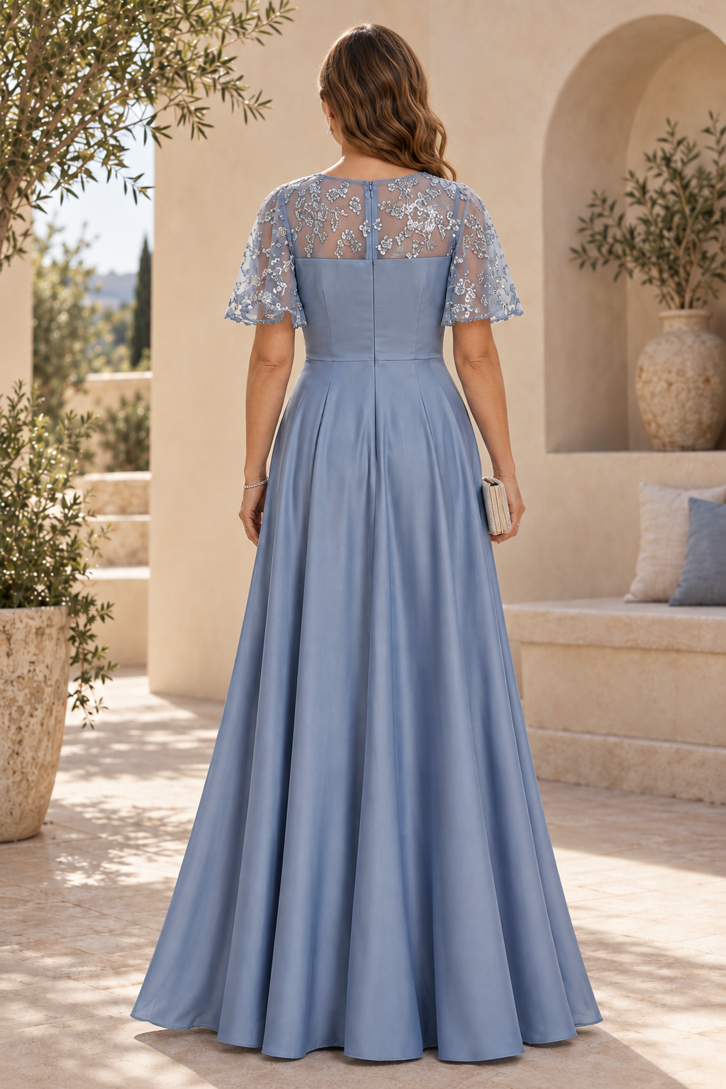 A-Line Gown with Sequin Flutter Sleeves