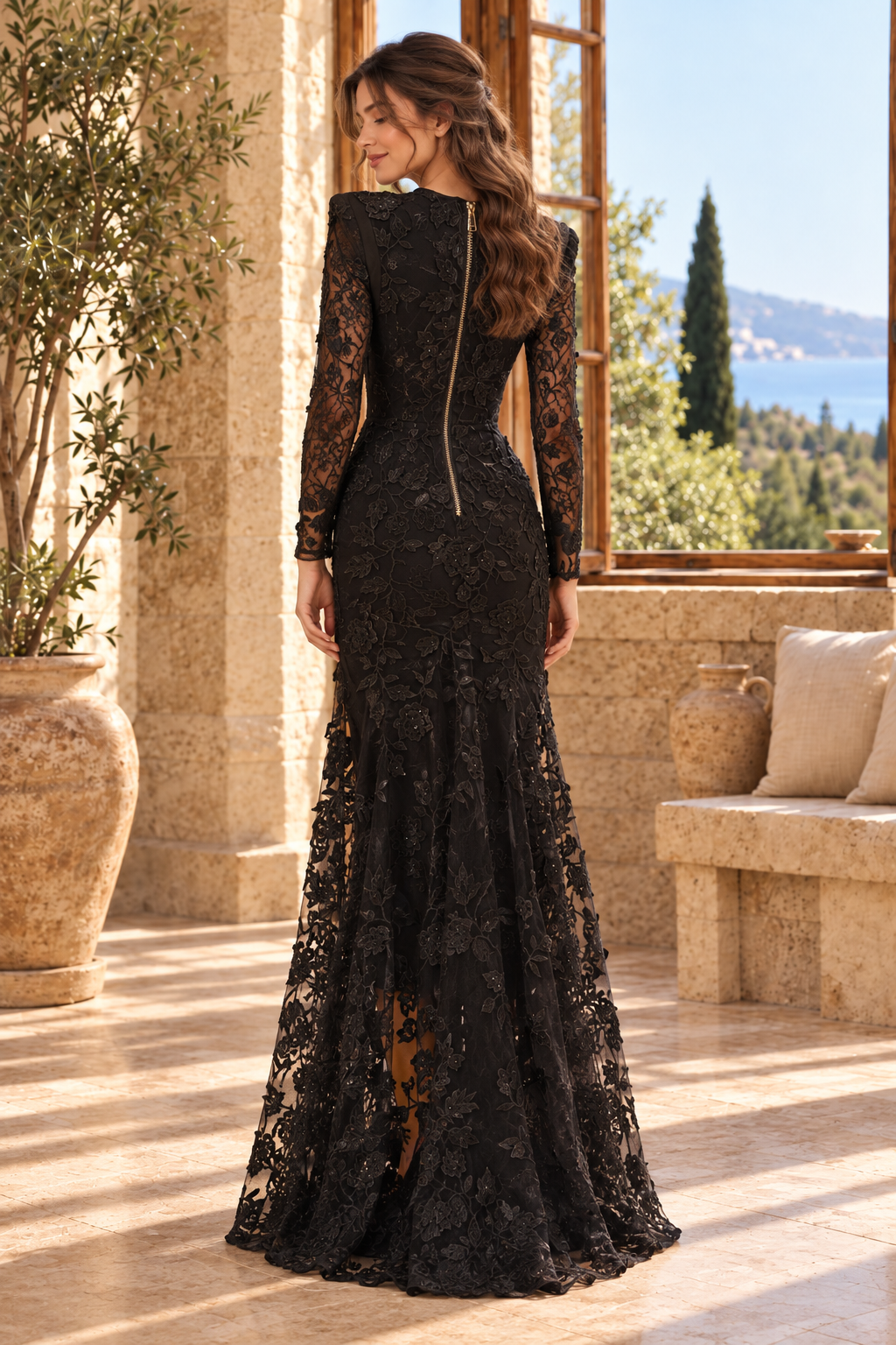 Embroidered Lace Mermaid Gown with Long Sleeves