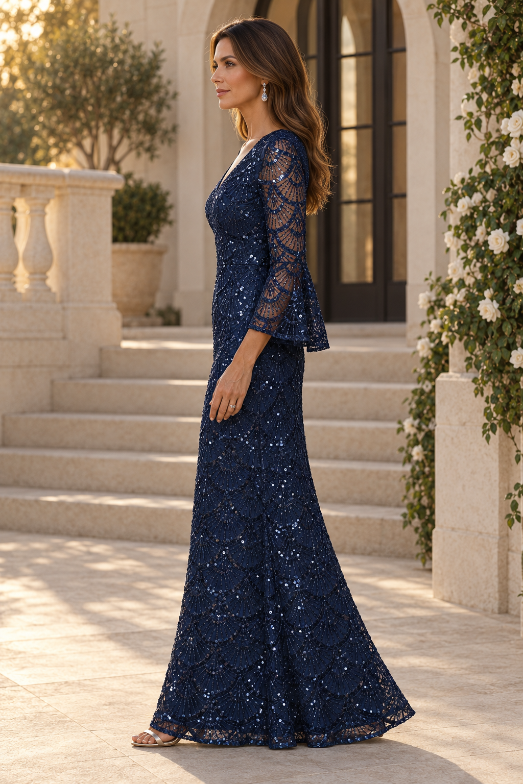 Sequin Scalloped Gown with Bell Sleeves
