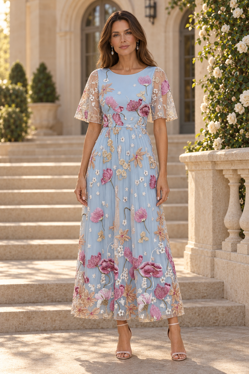Floral Embroidered Flutter Sleeve A-Line Midi Dress