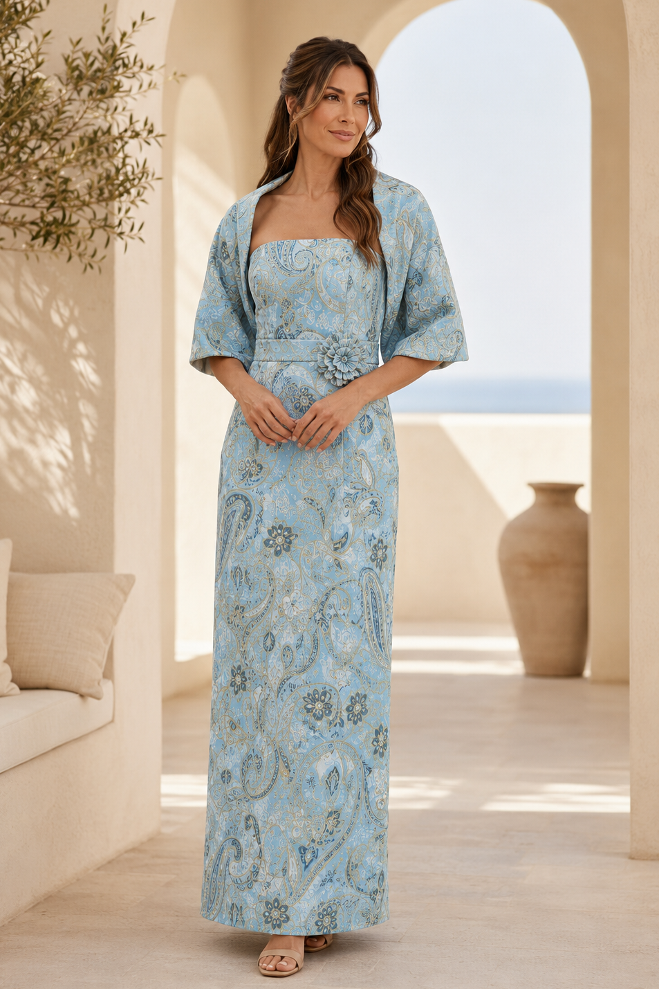 Strapless Jacquard Maxi Dress with Matching Jacket
