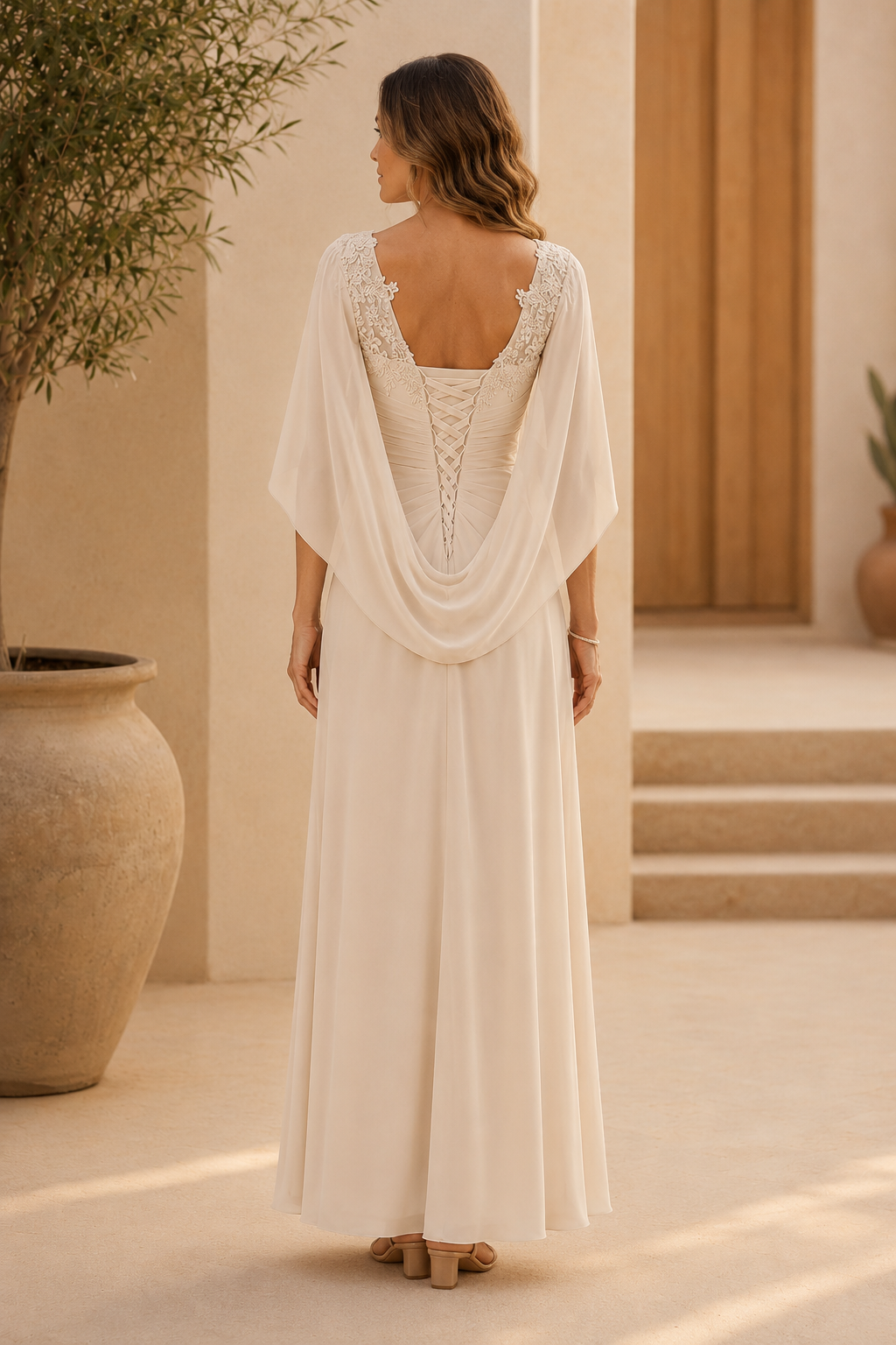 Lace V-Neck Cape Sleeve Chiffon Evening Gown