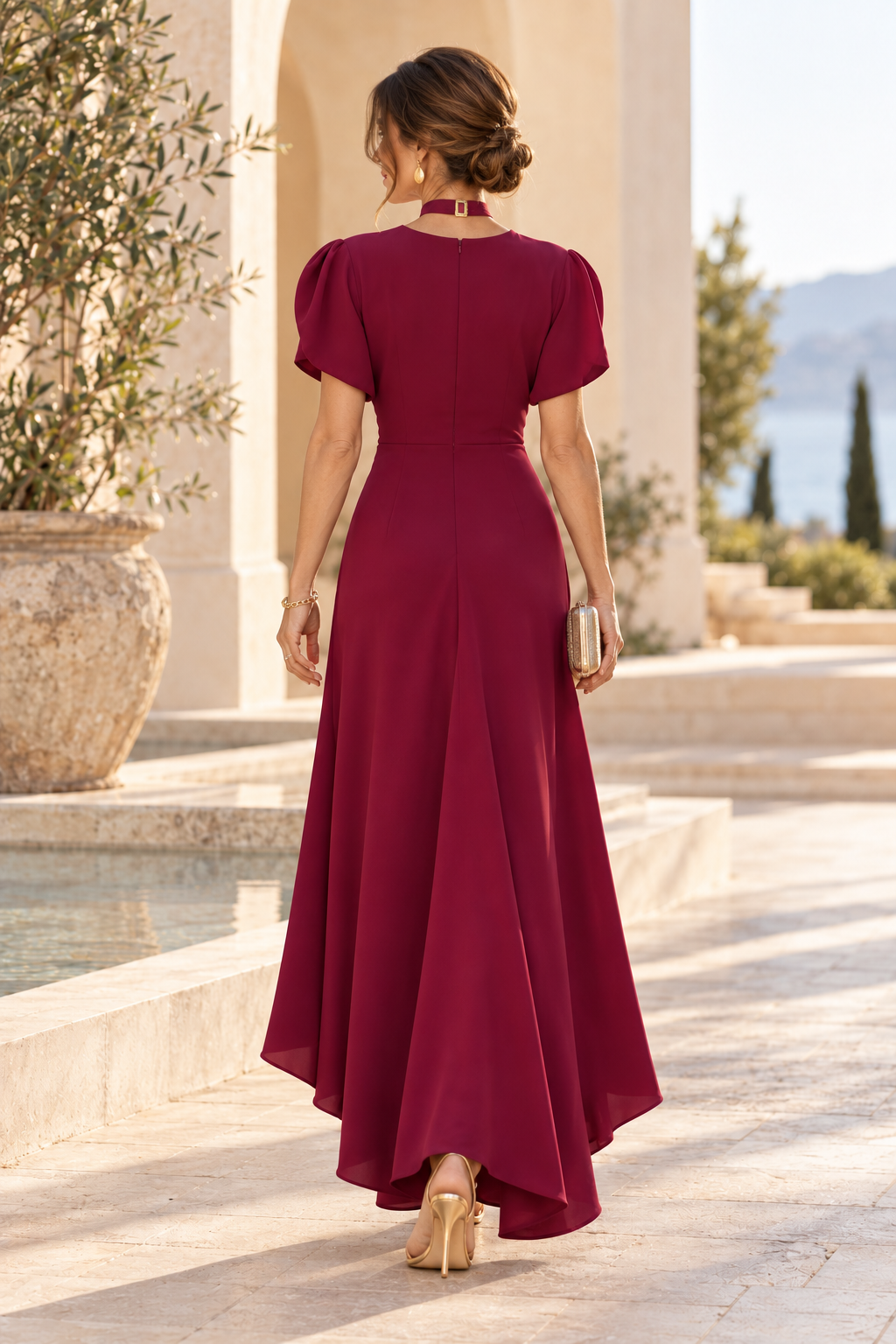 Twist-Front Flutter Sleeve High-Low Maxi Dress