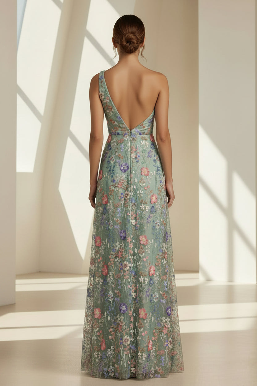 Embroidered Floral One-Shoulder Evening Gown