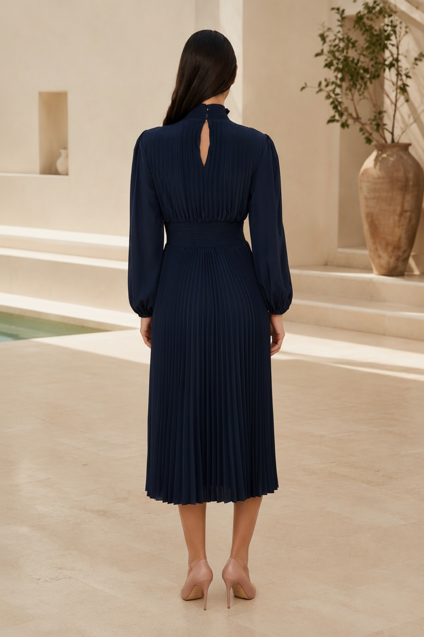 High Neck Pleated Midi Dress with Long Sleeves