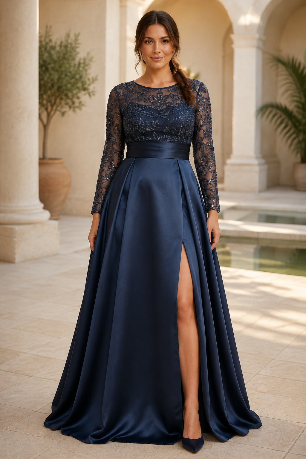Sequined Lace Long-Sleeve A-Line Satin Gown with High Slit