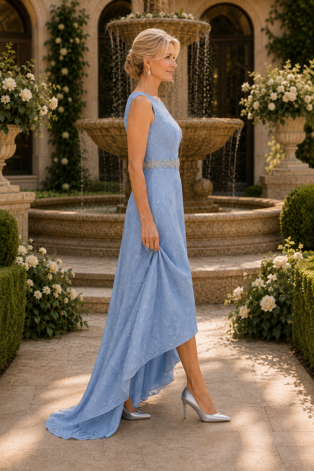 High-Low Floral Lace A-Line Dress with Beaded Waist