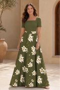 Elegant Square Neck A-Line Floral Maxi Dress