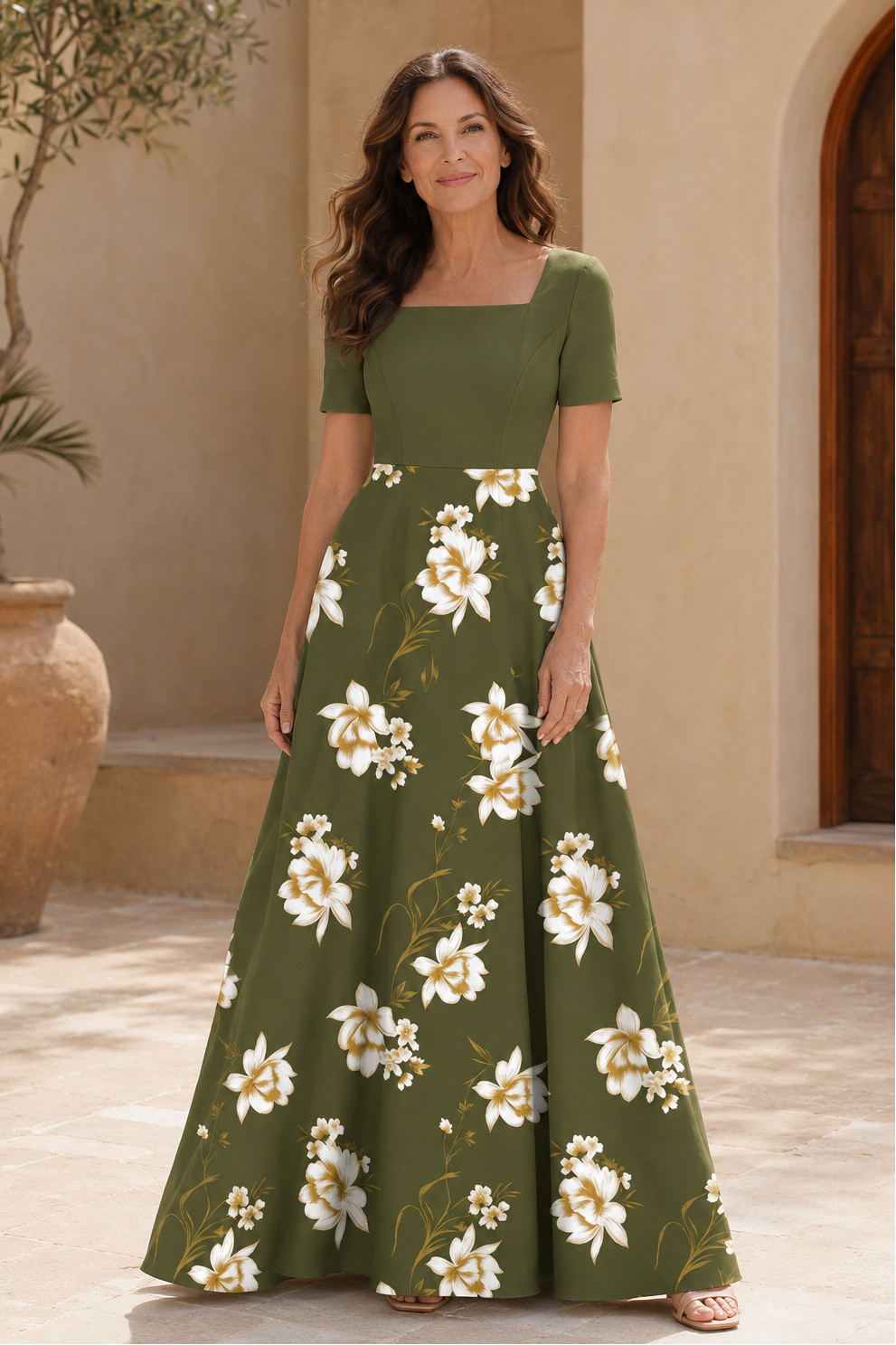 Elegant Square Neck A-Line Floral Maxi Dress