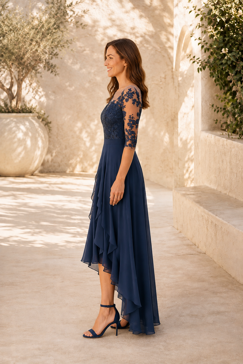 Illusion Lace Applique Gown with High-Low Ruffled Skirt