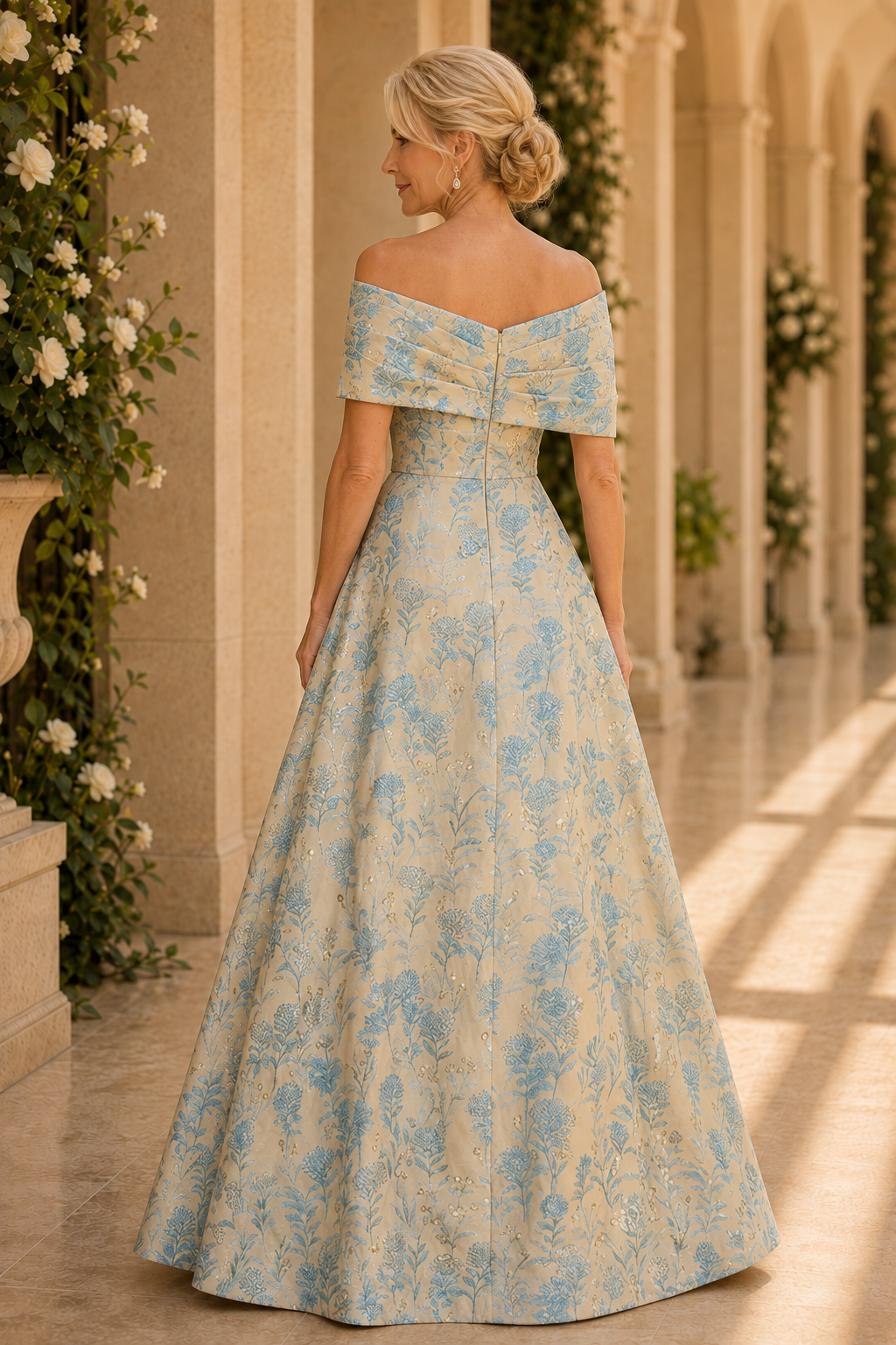 Off-the-Shoulder Floral Jacquard A-Line Gown