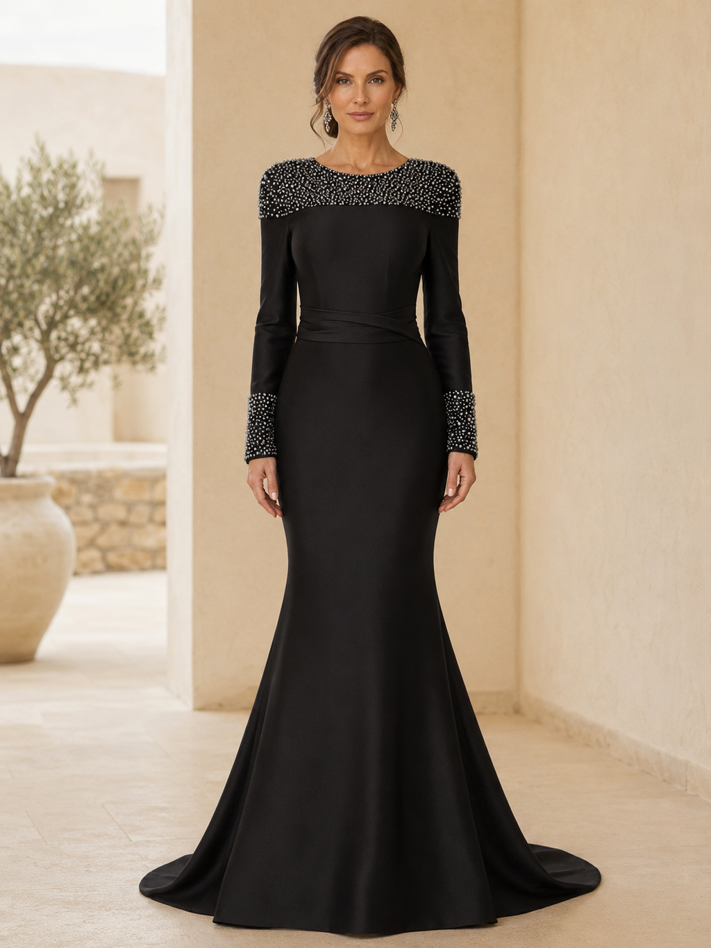 Beaded Long Sleeve Mermaid Evening Gown