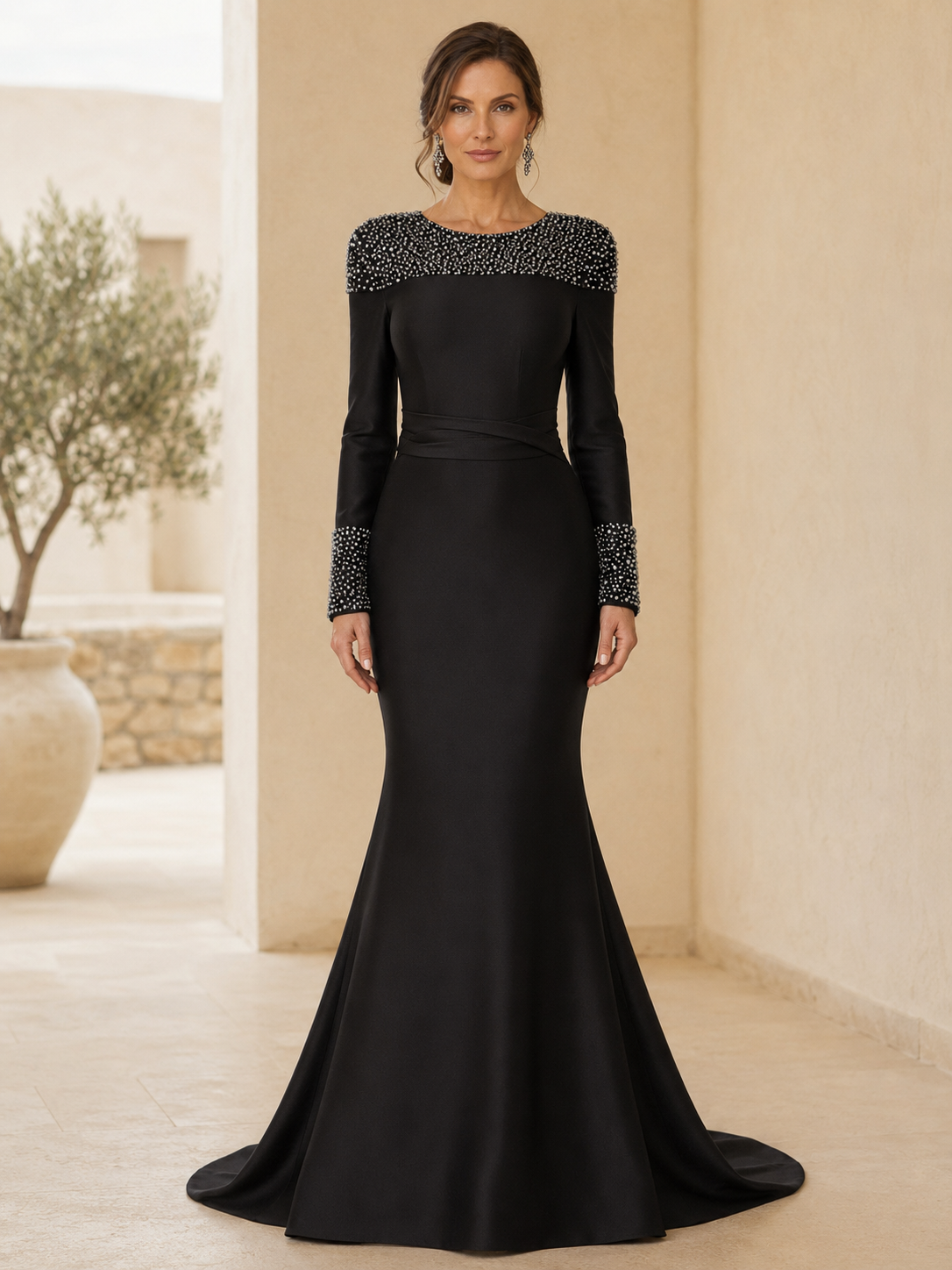 Beaded Long Sleeve Mermaid Evening Gown