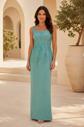 Embroidered Square Neck Sheath Evening Gown