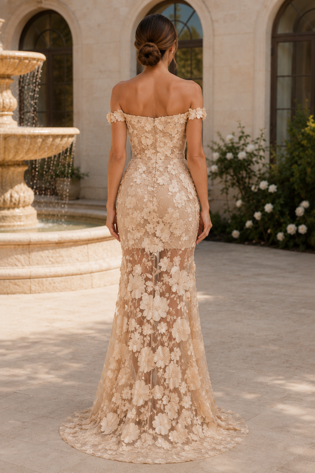 3D Floral Applique Off-the-Shoulder Mermaid Gown