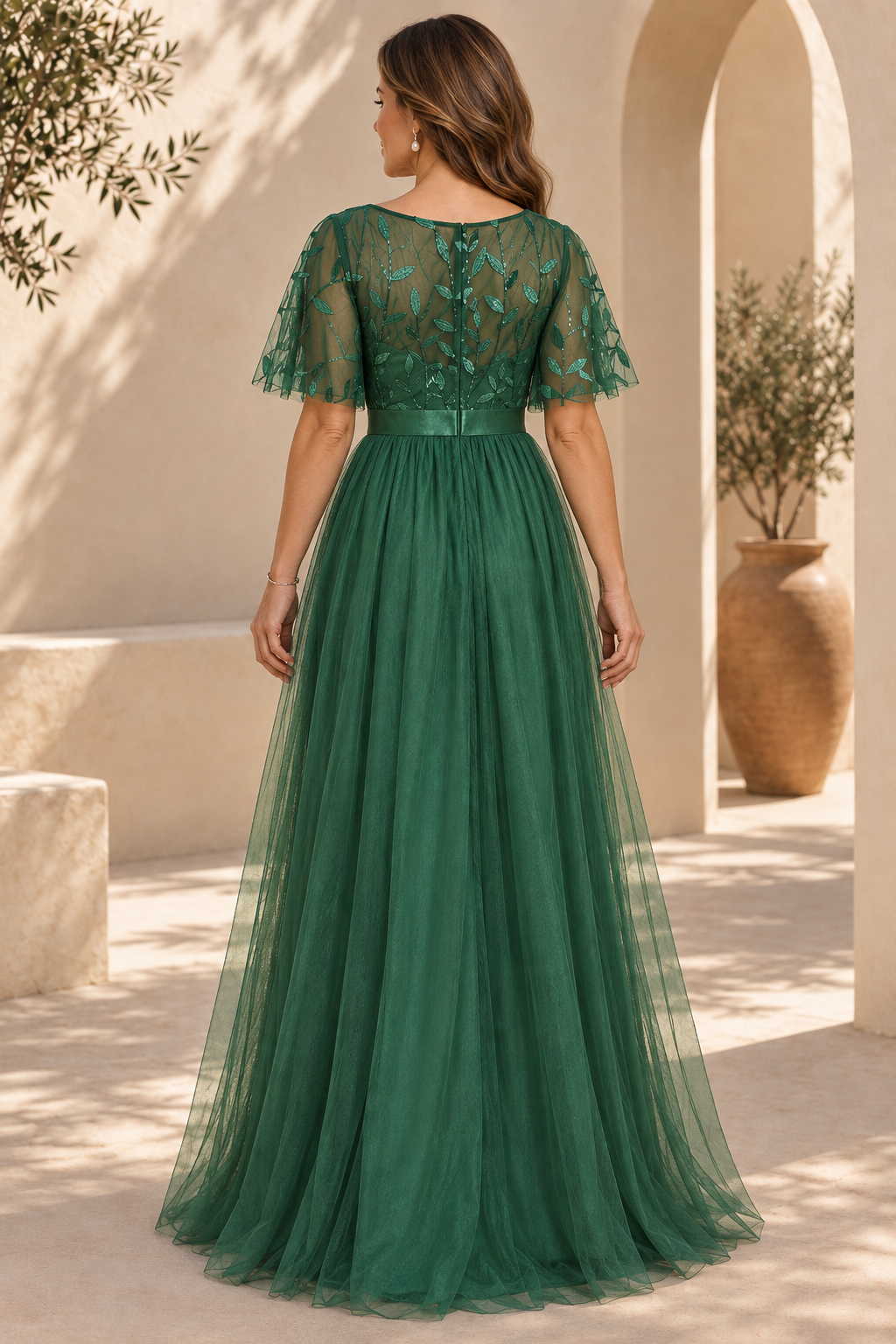 Embroidered Flutter Sleeve Tulle A-Line Maxi Dress