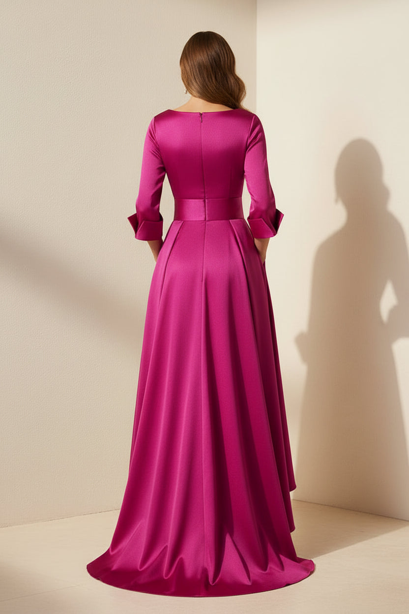 High-Low Satin Gown with Cowl Neck & Belt
