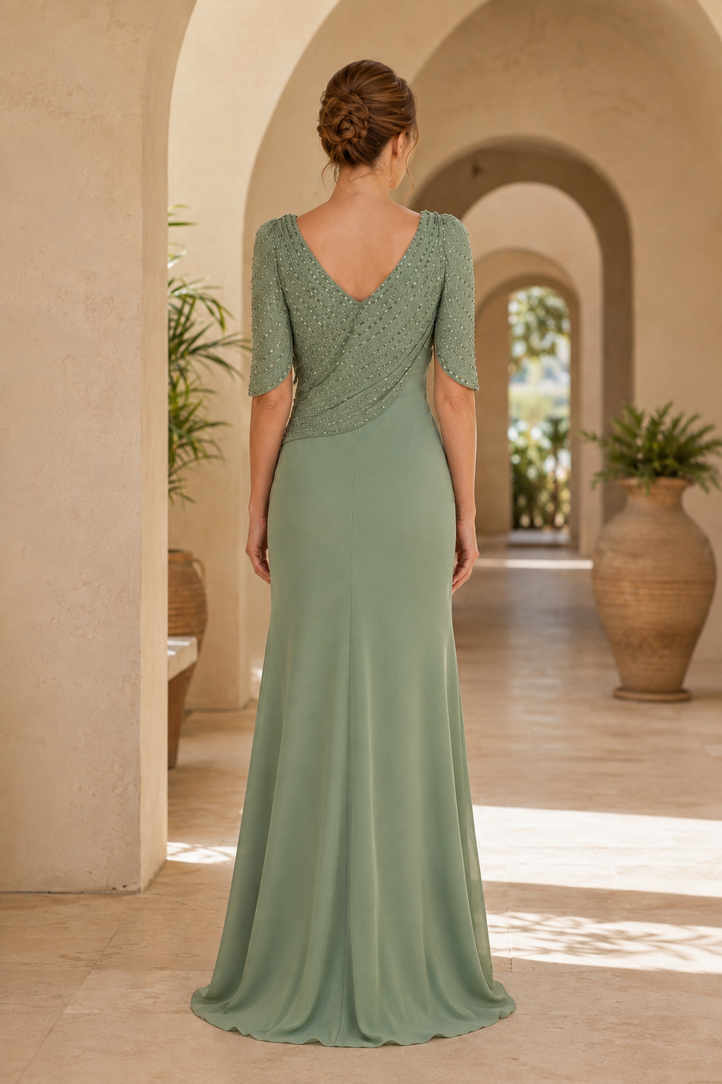 Beaded Asymmetrical Bodice Floor-Length Evening Gown