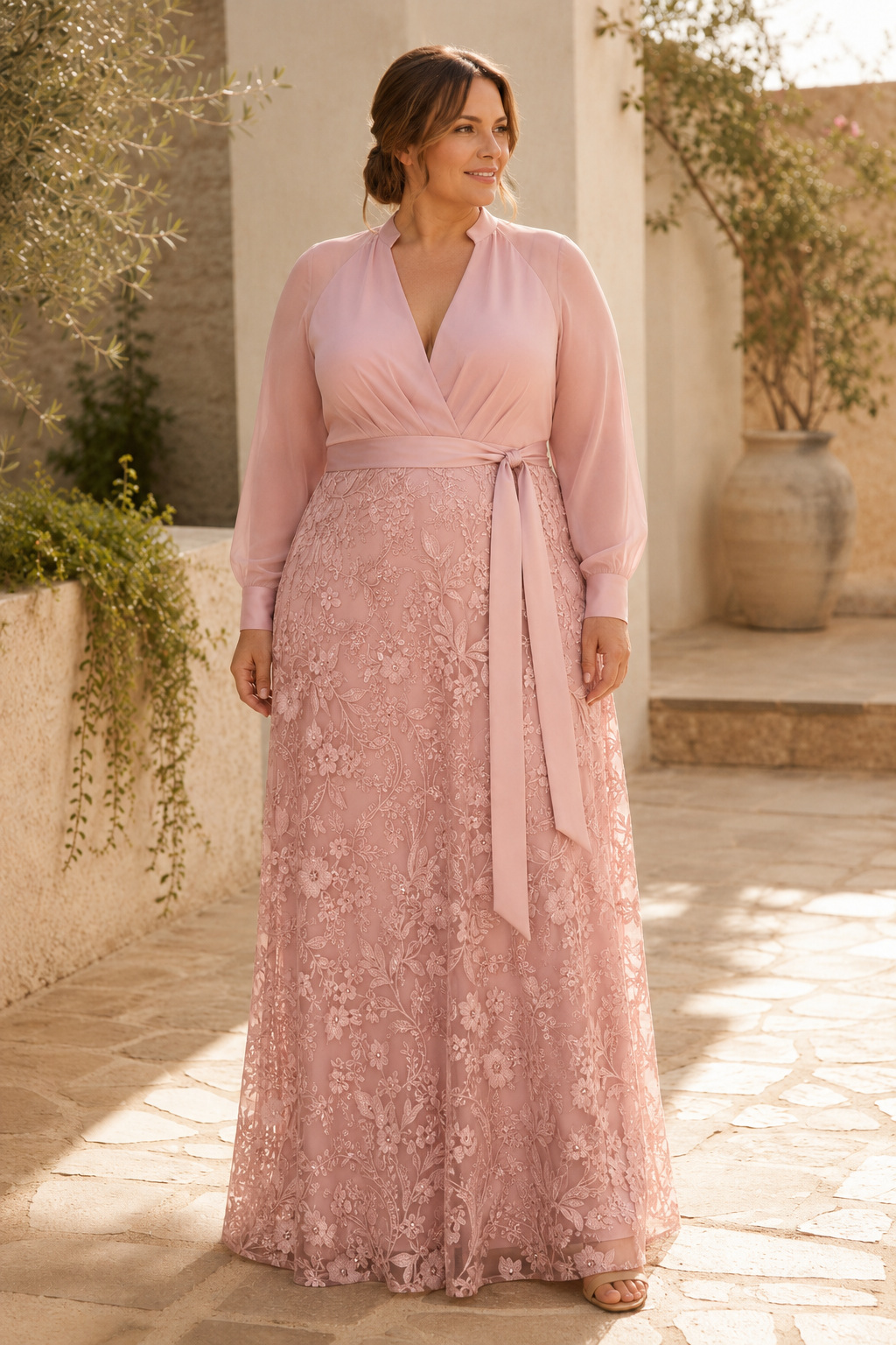 A-Line Lace and Chiffon Evening Gown with Long Sleeves